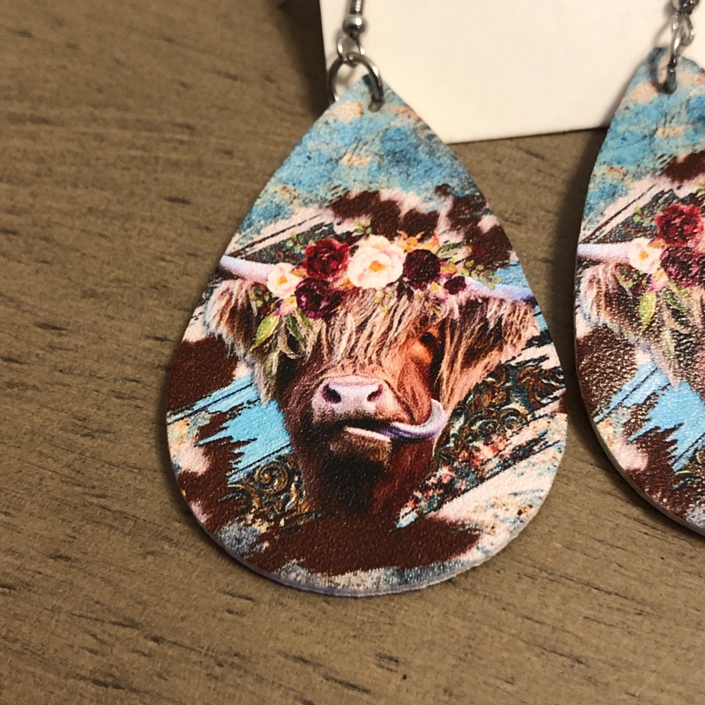 Floral Cow Print Bohemian Teardrop Fashion Jewelry Earrings - Picture 2 of 10